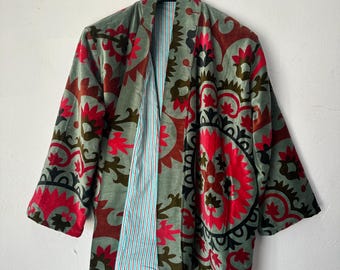 Cotton velvet Short Jacket Inside Stripe Lining Reversible Kimono Suzani Design Robe Gift For Women Bridesmaids