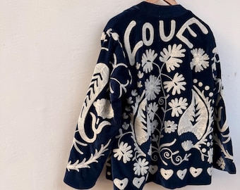 Cotton Velvet tnt Jacket Embroidery Kimono Cropped Inside Lining Blue love Bohemian Style