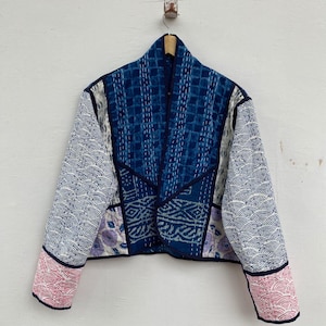 Indigo Patchwork Kantha Quilt Kimono Jacket: Reversible Boho Style