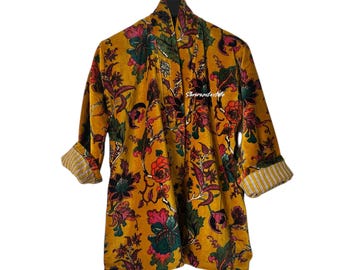 Floral Print Cotton Velvet Kimono Jacket - Handmade Reversible Boho Gown
