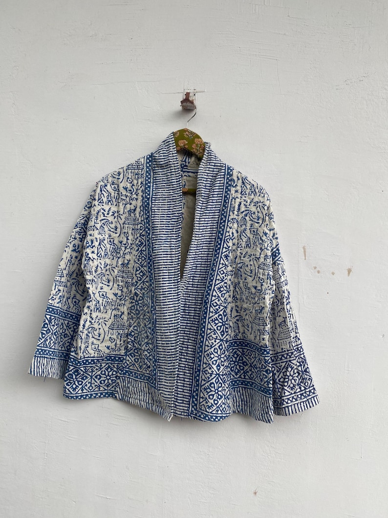 Handgjord bomulls Kantha kort kimonojacka – Boho Boho sommarytterkläder bild 6