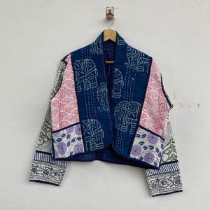 Handmade Cotton Kantha Quilted Kimono Jacket: Indigo Comfort Coat