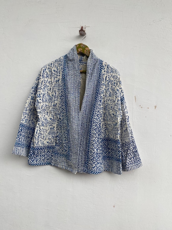 Cotton Quilted Kantha Short Kimono Handmade Jacket Bohemian Style Boho Kimono Summer Jacket