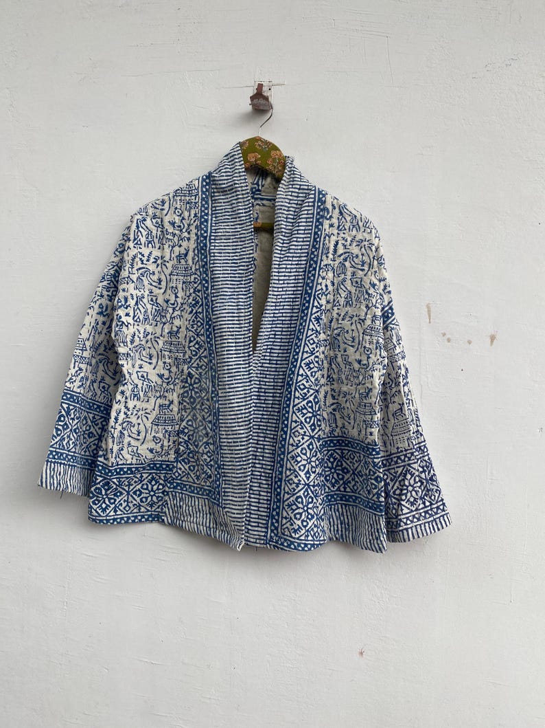 Handgjord bomulls Kantha kort kimonojacka – Boho Boho sommarytterkläder bild 1