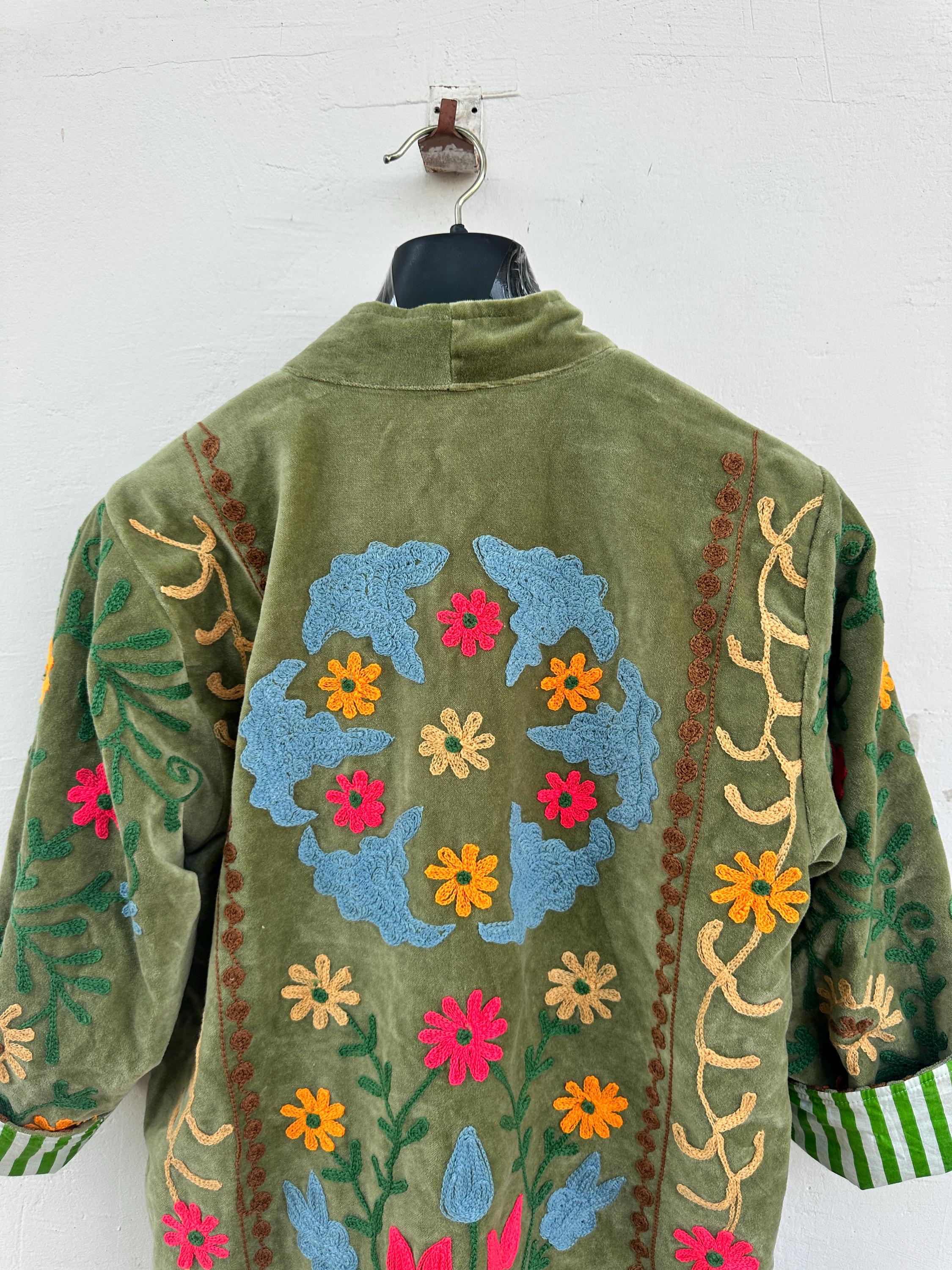 Green Color Velvet Embroidery Tnt Jacket Midi Jacket Inside Stripe