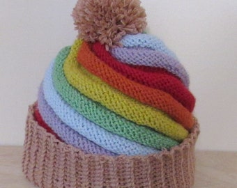 rainbow spiral woolly bobble hat, 100% merino wool, one size