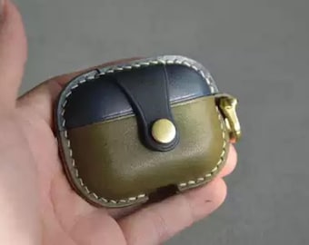 Handgefertigte Dual-Color Rindsleder Kopfhörer Tasche für AirPods Pro/ Pro 2/ Pro 3/ AirPods 3/ 4, AirPods Lederhülle einteilig mit Schnalle