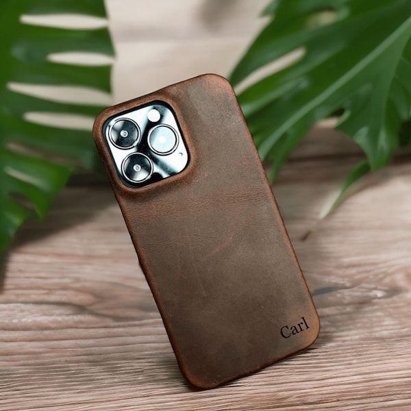 Étui vintage personnalisé en cuir Crazy Horse pour iPhone 15/ iPhone 14/ iPhone 13/ iPhone 12, cadeau pour lui