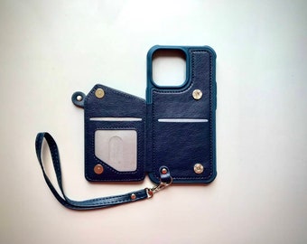 Aangepaste veganistische leren iPhone-hoes portemonnee met riem voor iPhone 16/15/14/ 13/12/11/8/7 / iPhone XS/ iPhone SE 2e generatie