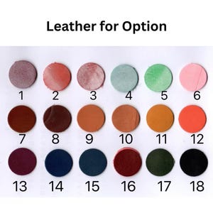 K&ouml;nnte beinhalten: Eine Farbkarte mit runden Lederproben in verschiedenen Farben, darunter Rosa, Gr&uuml;n, Braun und Blau. Jede Probe ist nummeriert. Der Text "Leather for Option" steht oben.