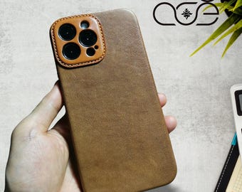 Handmade Italian Cowhide Leather iPhone Case for iPhone 15 Pro/ iPhone 14 Pro/ iPhone 13, Custom Engraving Leather iPhone Case, Gift 2025
