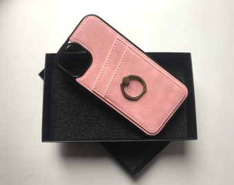 Gepersonaliseerde vegan leren iPhone-hoes portemonnee met ringstandaard voor iPhone 16/ iPhone 15/ iPhone 14/ iPhone 13/ iPhone 12/ iPhone 11/8/7