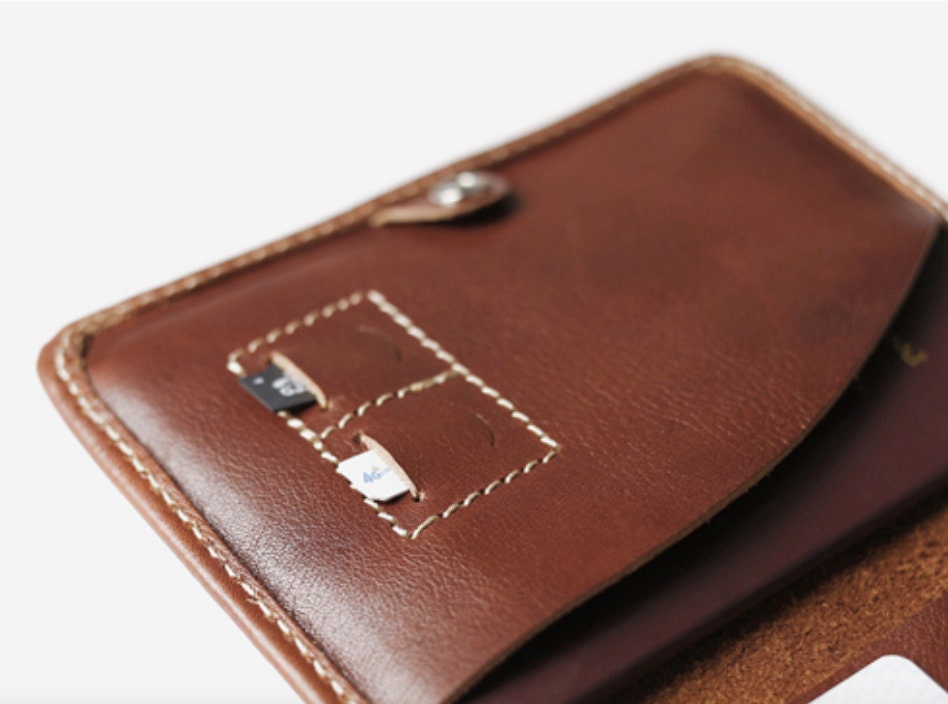 Handmade Custom Cowhide Leather Passport Holder, Slim Leather Wallet with Sim Card Slot with Logo Engraving