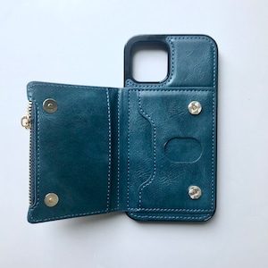 iPhone 13/ iPhone 12/ iPhone 11/ iPhone 8/ iPhone 7/ iPhone XS/ iPhone SE用カスタムビーガンレザーiPhoneケースウォレット、ブルー