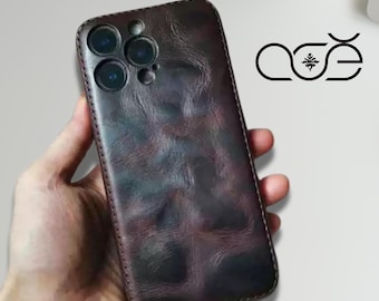 Funda de piel de vacuno vintage hecha a mano para iPhone 17/16 Pro/15 Pro/14 Pro/13 Pro, con grabado.