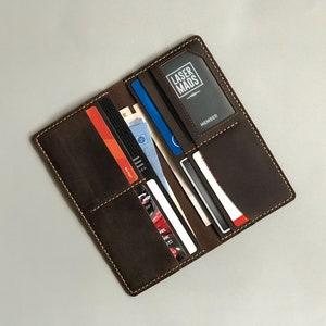 Cartera de piel Crazy Horse personalizada con ranuras para varias tarjetas, billetera delgada y larga, regalo de empresa (marrón)