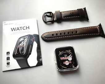 Personalised Genuine Leather Watch Band for Apple Watch Series 7/ 6/ 5/ 4 + Screen Protector