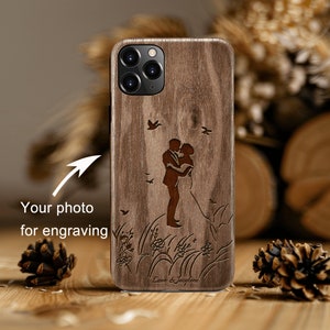 Personalised Handmade Walnut iPhone Case for iPhone 15 Pro Max/ iPhone 14 Pro Max/13 Pro Max, Engraved Photo Phone Case for Him/ Her
