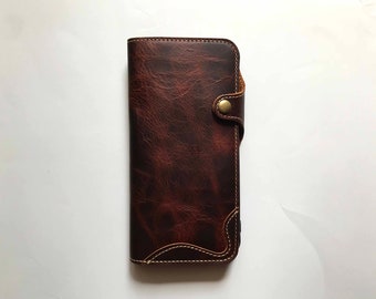 Personligt iPhone 17-fodral i äkta läder med flip-fodral och handledsrem, passar iPhone 17/ iPhone 16/ iPhone 15/ iPhone 14/ iPhone 13