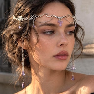 Firecore elven crown, Flapper head chain, Ren faire queen jewelry, Chainmail head jewelry, Crystal mermaid tiara, Medieval wedding headpiece