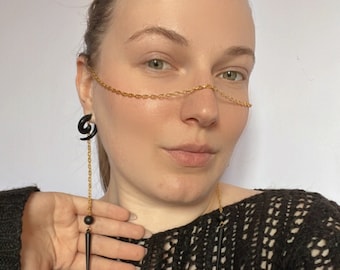 Gold Schwarz Gesichts Kette Schmuck, Gesichtsmaske, Kopf Kette Kopfschmuck, Festival Gesichtskette, Gesicht Festival Schmuck, Kostümschmuck, Burning Man