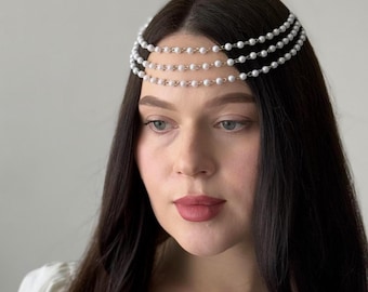 Silver Pearl Headpiece, Renaissance Hair Chain, Fantasy Headdress, Ren Faire Jewelry, Boho Wedding Hair Chain, Festival Elven Circlet