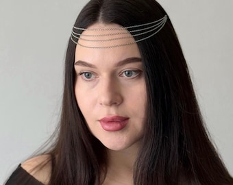 Minimalist Silver Head Chain, Bridal Forehead Tiara, Medieval Headpiece, Festival Layered Head Jewelry, Elven Circlet, Fairy Queen Jewelry