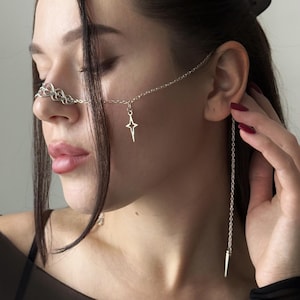 Mascarilla facial de cadena plateada, joyería facial gótica, tocado futurista celestial, cadena para máscaras rave techno, joyería facial de alambre, accesorio nasal bohemio