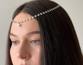 Joyas para el cabello de plata, tiara de sirena, tocado de cadena para la frente, diadema de hada, accesorios para el cabello renacentistas, joyas de perlas para bodas