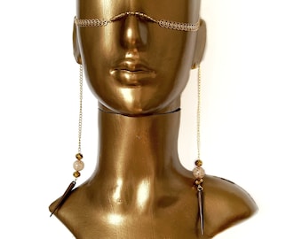 Catena per il viso dorata, maschera da strega gotica, copricapo da rave, gioiello con catena per il naso