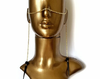 Catena per il viso in oro nero, maschera per il viso, gioielli per il viso, catena per il viso, gioielli per la danza del ventre da festival, copricapo con catena per la testa, gioielli per il corpo da festival