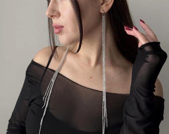 Extra long fringe silver drop chain earrings, Minimalist dangle stainless steel chains earrings, Weird earrings evening attire, Rave jewelry