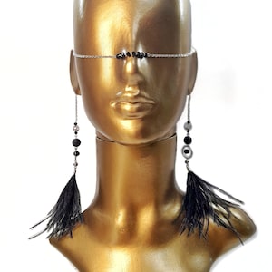 Face chain ,Face Jewelry, Blak Face Chain, Head Chain Headpiece, Face Mask, Festival Jewelry, Face Chain Feather, Natural Stone Face Chain