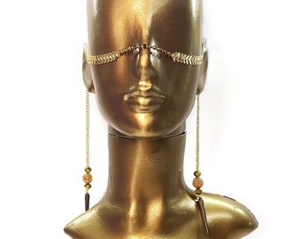 Cadena facial de oro, joyería para danza del vientre en festivales de nariz, joyería para máscara facial gótica, cadena para la cabeza de rave techno, joyería facial cyberpunk