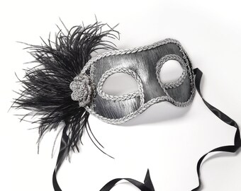 Silver&Black Lace Masquerade Mask, Venetian Style Halloween Mask, For Masquerade Ball, Wedding, Silver Venetian Mask With Black Feather