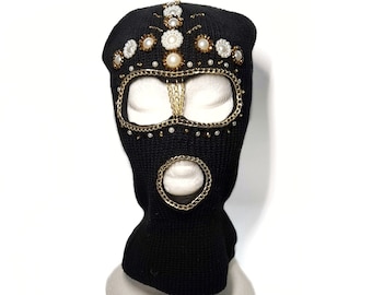 Skimasker Rave Crystal Mask, bivakmuts met borduursel, skimasker bivakmuts zwart, aangepast skimasker