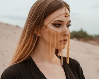 Gold face chain ,face jewelry, Waterfall Gold Face Veil, Face Chain, Head Chain Headpiece, Face Mask, Festival Bellydance Jewelry