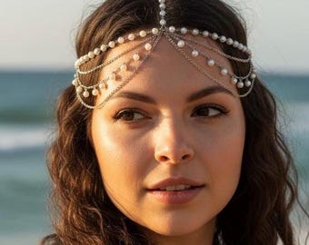 Zilveren zendspoel Parel bruids zendspoel Boho haarsieraden Boho tikka kralen bruiloft zendspoel Festival hoofdketting Arabische hoofd haar chai