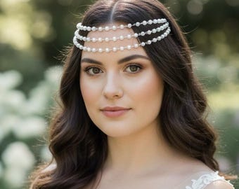 Cadena para la cabeza de perlas en capas, joyería facial nupcial, diadema élfica para festivales, tiara de perlas para bodas