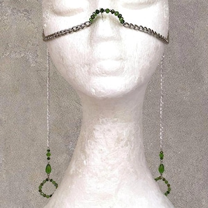 Crystal face chain Unique silver bohemian face jewelry Green fairy raves jewelry Tullum festival face jewelry Burning man nose chain