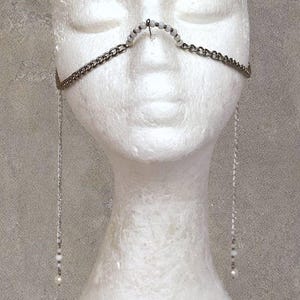 Crystal pearl silver face chain Unique bohemian wedding face jewelry Raves festival face chain Tullum face jewerly Burning man nose chain