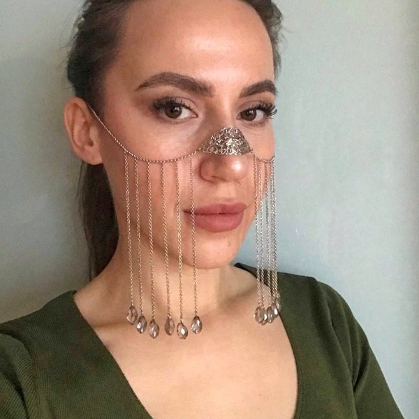 Face chain mask, Halloween accessories costume, Arabic style face jewelry, Face harness, Head chain, Silver Head Piece, Crystal face mask