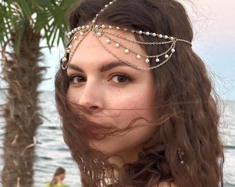 Gouden parel bruids hoofddeksel Boho haarsieraden Boho tikka kralen bruiloft hoofddeksel Festival hoofdketting Arabische hoofd haarketting