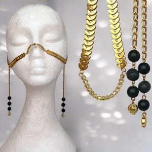 Face chain Bohemian gold headpiece Burning man unique party face jewelry Raves festival mask chain Boho tullum head jewelry Nose chain