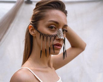 Cadena para la nariz y el rostro alternativa, joyería facial de fantasía de bruja para Halloween, tocado medieval para festivales goblincore, velo de cadena facial nupcial gótico oscuro