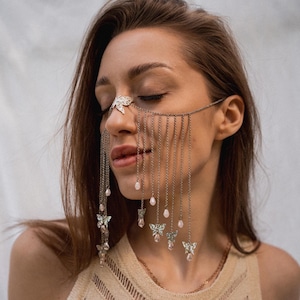Butterfly face chain mask Halloween accessories costume Arabic face mask harness Boho nose crystal head chain Festival avant-garde jewelry