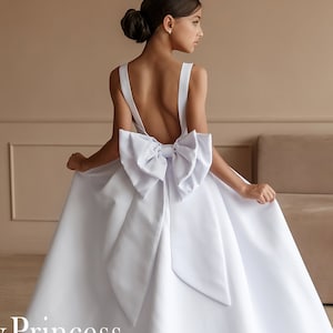 Satin White  Elegant Flower Girl Dress with Train Wedding Party Photoshoot Tutu Dresses Big bow Mini bride