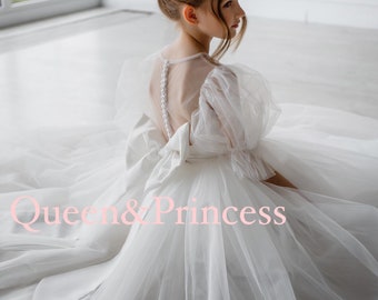 Tulle flower dress, Satin girl dress, Mini bride, Girl wedding dress, Baptism dress, Party dress, Junior bridesmaid dress