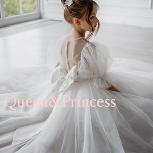 Tulle flower dress, Satin girl dress, Mini bride, Girl wedding dress, Baptism dress, Party dress, Junior bridesmaid dress