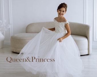Lace ivory flower girl dress Satin tulle toddler girl dress Princess dress Bini bride Party dress